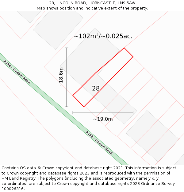 28, LINCOLN ROAD, HORNCASTLE, LN9 5AW: Plot and title map