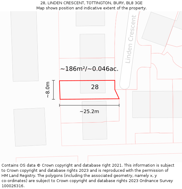 28, LINDEN CRESCENT, TOTTINGTON, BURY, BL8 3GE: Plot and title map
