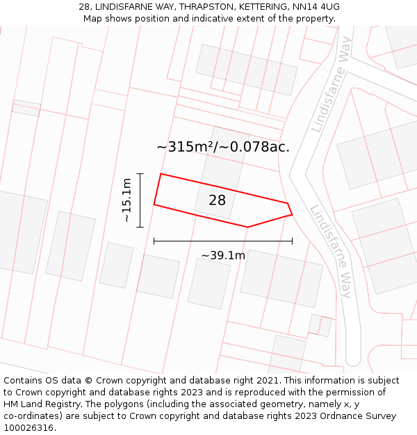 28, LINDISFARNE WAY, THRAPSTON, KETTERING, NN14 4UG: Plot and title map