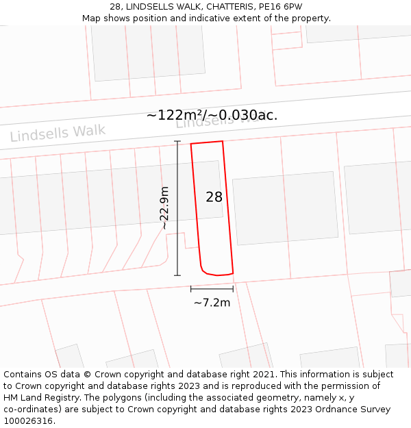 28, LINDSELLS WALK, CHATTERIS, PE16 6PW: Plot and title map