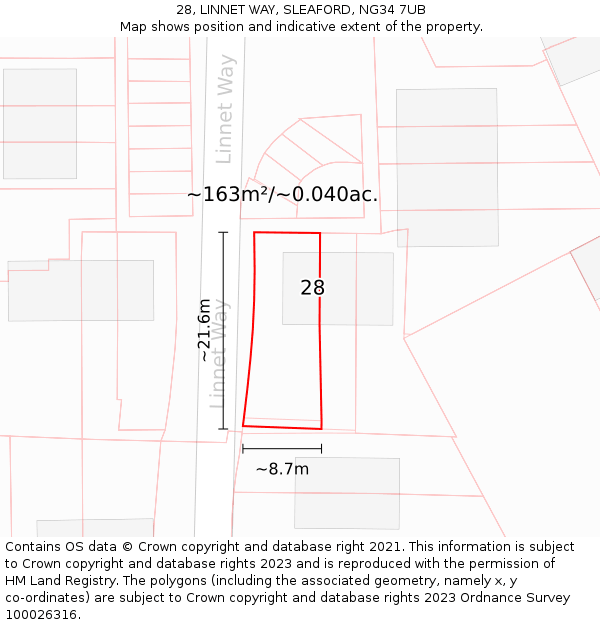 28, LINNET WAY, SLEAFORD, NG34 7UB: Plot and title map