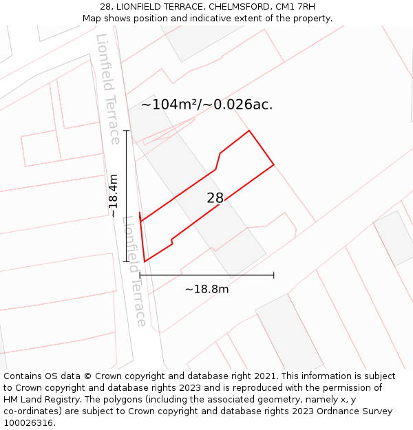 28, LIONFIELD TERRACE, CHELMSFORD, CM1 7RH: Plot and title map