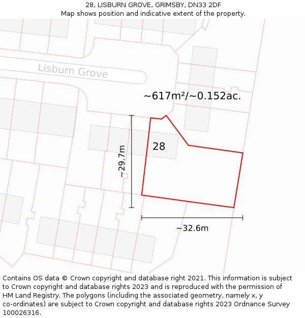 28, LISBURN GROVE, GRIMSBY, DN33 2DF: Plot and title map