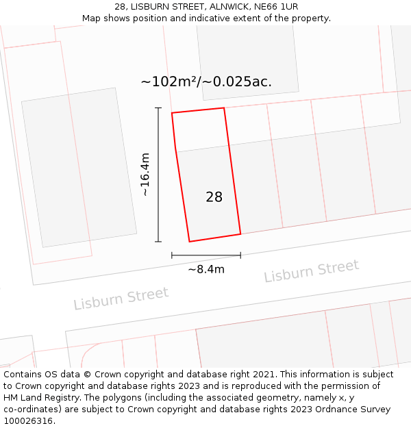 28, LISBURN STREET, ALNWICK, NE66 1UR: Plot and title map
