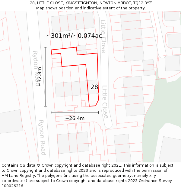 28, LITTLE CLOSE, KINGSTEIGNTON, NEWTON ABBOT, TQ12 3YZ: Plot and title map