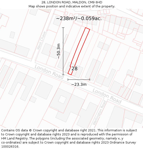 28, LONDON ROAD, MALDON, CM9 6HD: Plot and title map