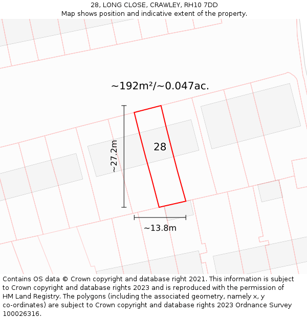 28, LONG CLOSE, CRAWLEY, RH10 7DD: Plot and title map