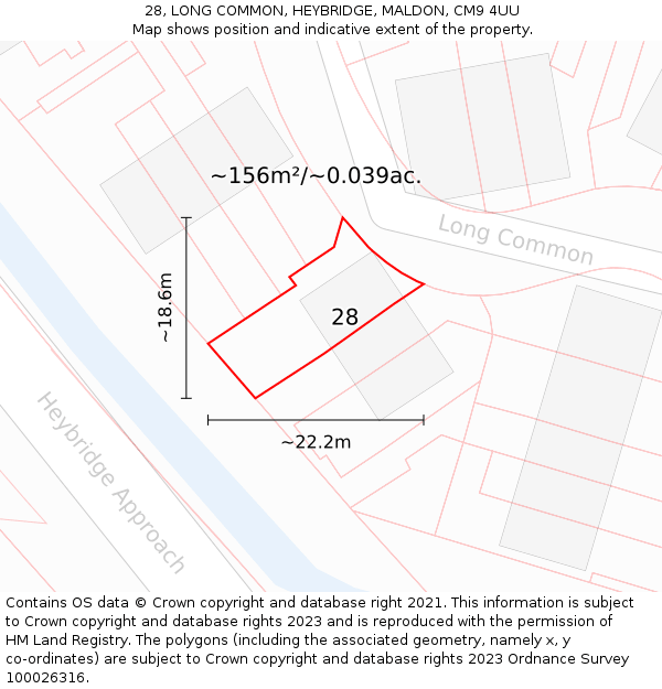 28, LONG COMMON, HEYBRIDGE, MALDON, CM9 4UU: Plot and title map