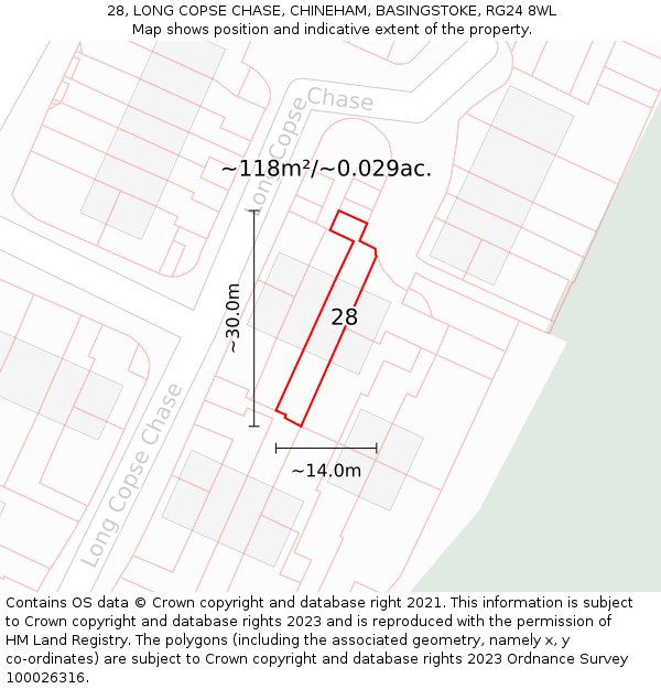 28, LONG COPSE CHASE, CHINEHAM, BASINGSTOKE, RG24 8WL: Plot and title map