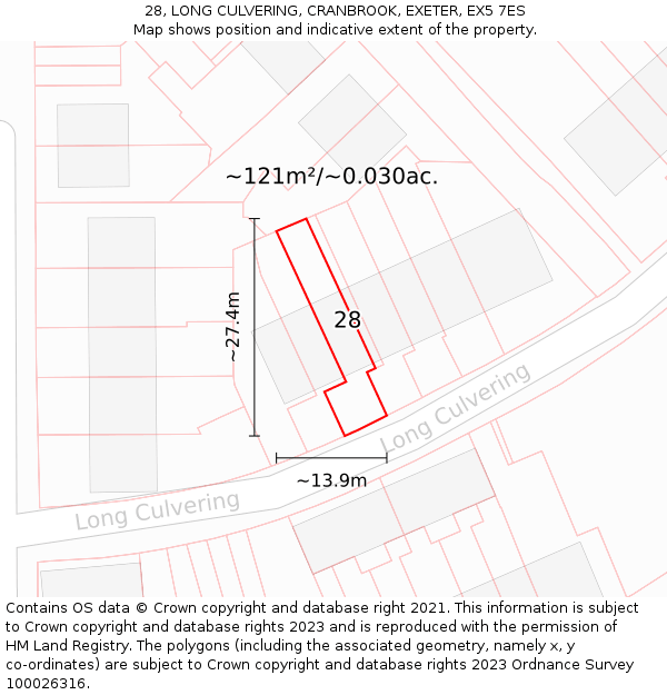 28, LONG CULVERING, CRANBROOK, EXETER, EX5 7ES: Plot and title map