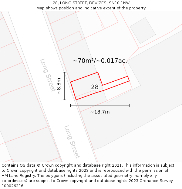 28, LONG STREET, DEVIZES, SN10 1NW: Plot and title map