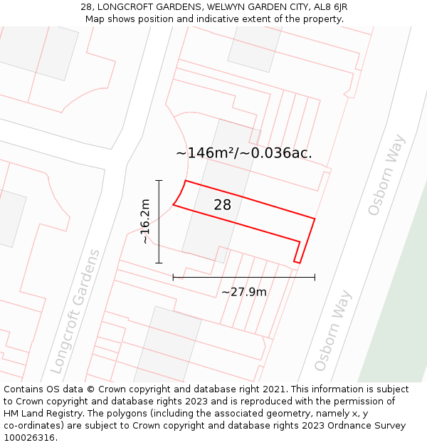28, LONGCROFT GARDENS, WELWYN GARDEN CITY, AL8 6JR: Plot and title map