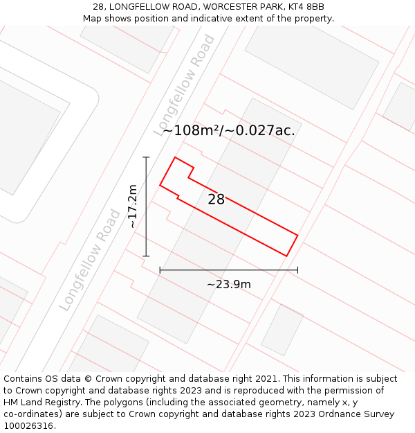 28, LONGFELLOW ROAD, WORCESTER PARK, KT4 8BB: Plot and title map