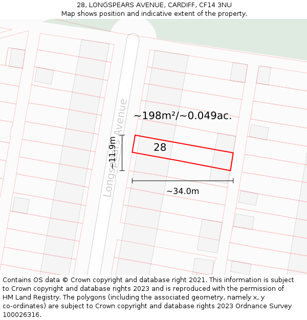 28, LONGSPEARS AVENUE, CARDIFF, CF14 3NU: Plot and title map