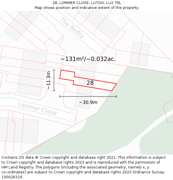 28, LORIMER CLOSE, LUTON, LU2 7RL: Plot and title map