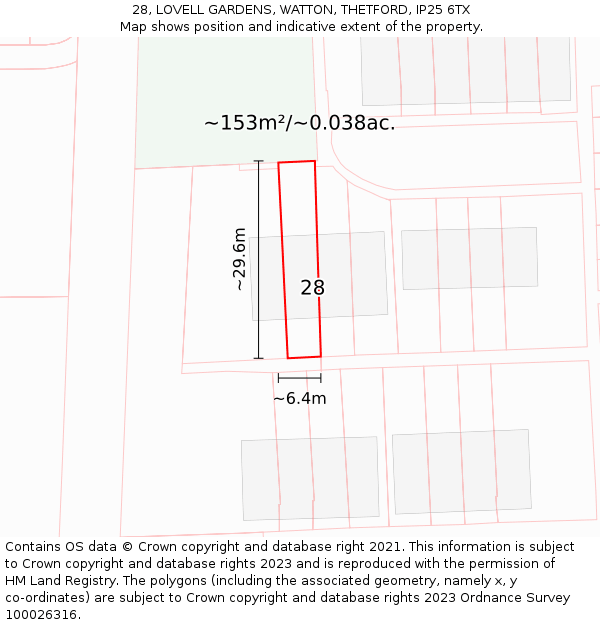 28, LOVELL GARDENS, WATTON, THETFORD, IP25 6TX: Plot and title map