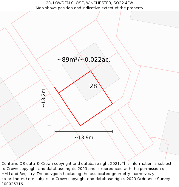 28, LOWDEN CLOSE, WINCHESTER, SO22 4EW: Plot and title map