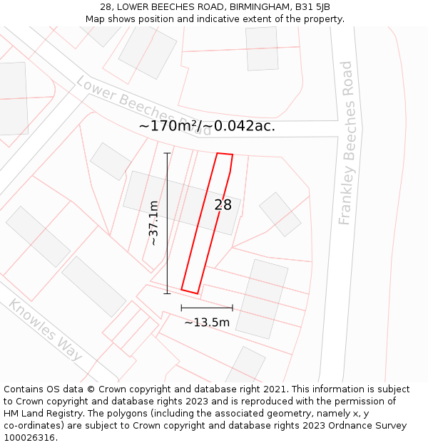 28, LOWER BEECHES ROAD, BIRMINGHAM, B31 5JB: Plot and title map