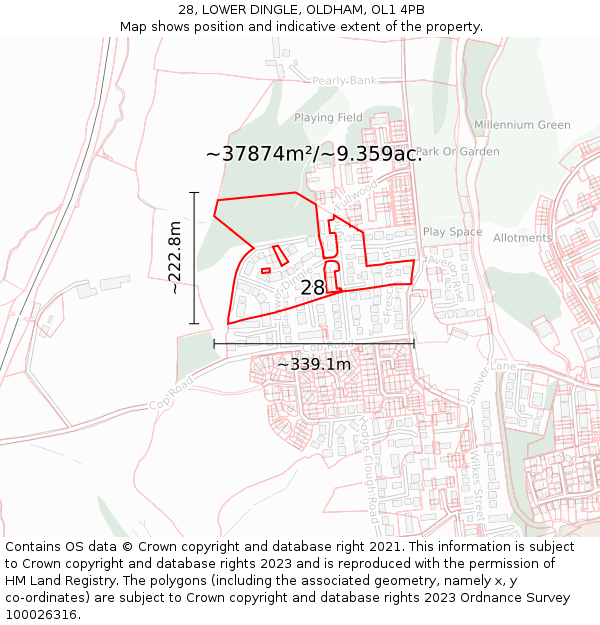 28, LOWER DINGLE, OLDHAM, OL1 4PB: Plot and title map