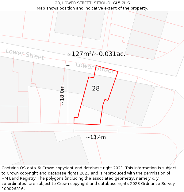 28, LOWER STREET, STROUD, GL5 2HS: Plot and title map