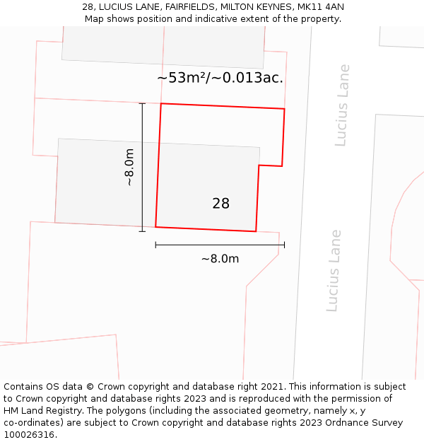 28, LUCIUS LANE, FAIRFIELDS, MILTON KEYNES, MK11 4AN: Plot and title map