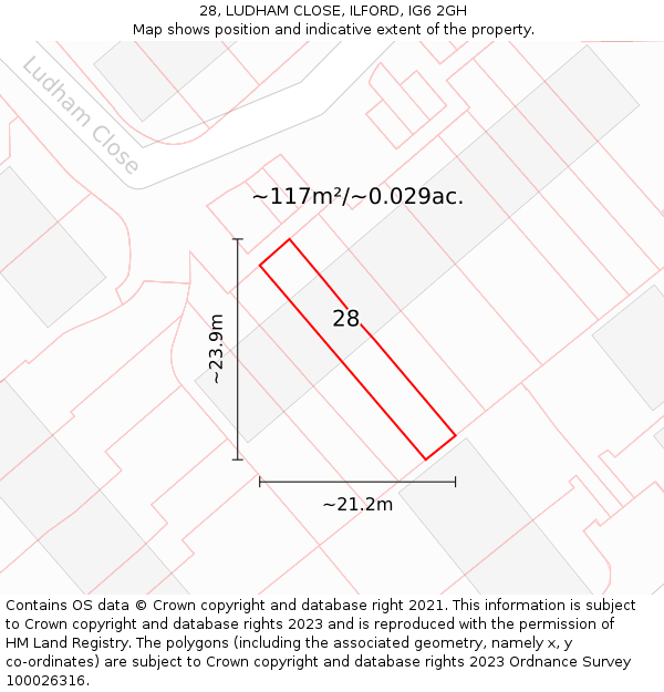 28, LUDHAM CLOSE, ILFORD, IG6 2GH: Plot and title map