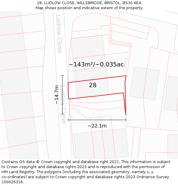 28, LUDLOW CLOSE, WILLSBRIDGE, BRISTOL, BS30 6EA: Plot and title map