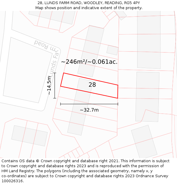 28, LUNDS FARM ROAD, WOODLEY, READING, RG5 4PY: Plot and title map