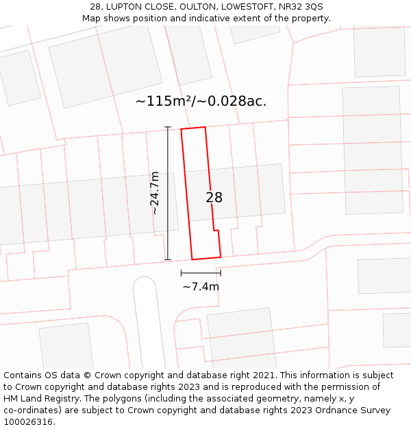 28, LUPTON CLOSE, OULTON, LOWESTOFT, NR32 3QS: Plot and title map