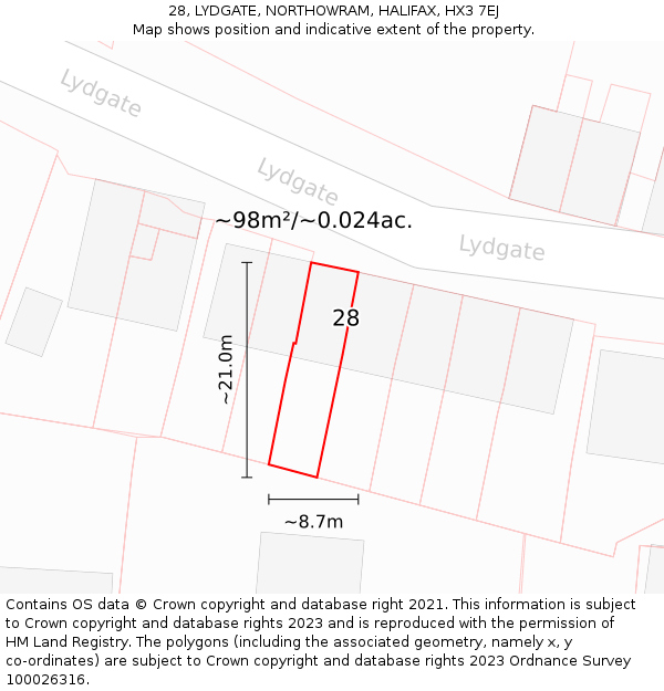 28, LYDGATE, NORTHOWRAM, HALIFAX, HX3 7EJ: Plot and title map