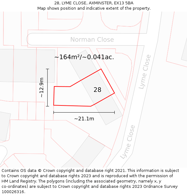 28, LYME CLOSE, AXMINSTER, EX13 5BA: Plot and title map