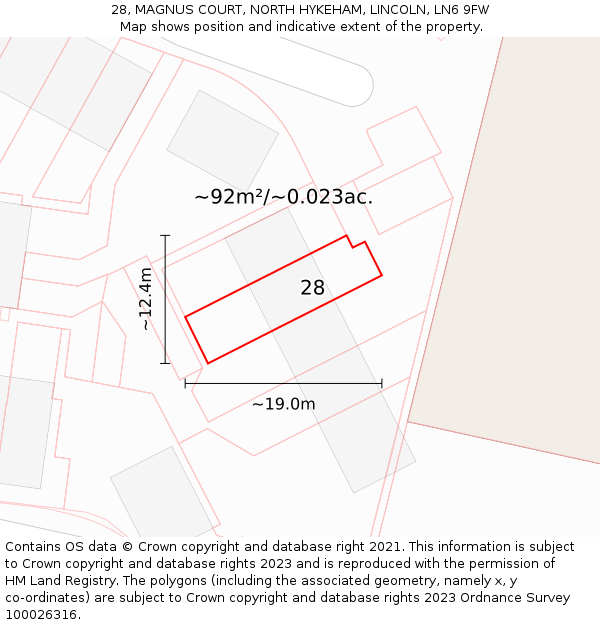 28, MAGNUS COURT, NORTH HYKEHAM, LINCOLN, LN6 9FW: Plot and title map