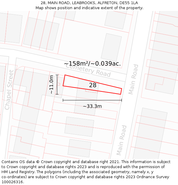 28, MAIN ROAD, LEABROOKS, ALFRETON, DE55 1LA: Plot and title map