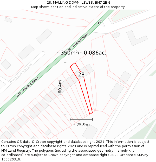 28, MALLING DOWN, LEWES, BN7 2BN: Plot and title map