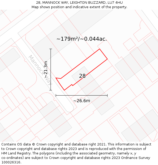 28, MANNOCK WAY, LEIGHTON BUZZARD, LU7 4HU: Plot and title map