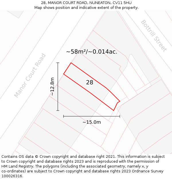 28, MANOR COURT ROAD, NUNEATON, CV11 5HU: Plot and title map