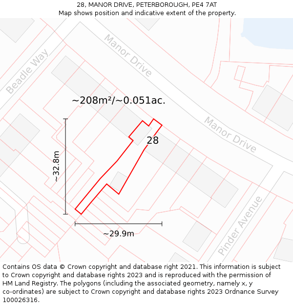 28, MANOR DRIVE, PETERBOROUGH, PE4 7AT: Plot and title map