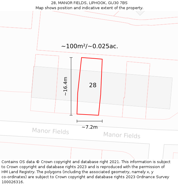 28, MANOR FIELDS, LIPHOOK, GU30 7BS: Plot and title map
