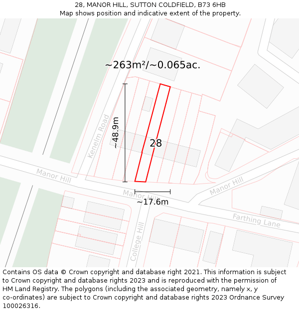 28, MANOR HILL, SUTTON COLDFIELD, B73 6HB: Plot and title map