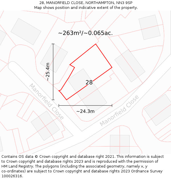 28, MANORFIELD CLOSE, NORTHAMPTON, NN3 9SP: Plot and title map
