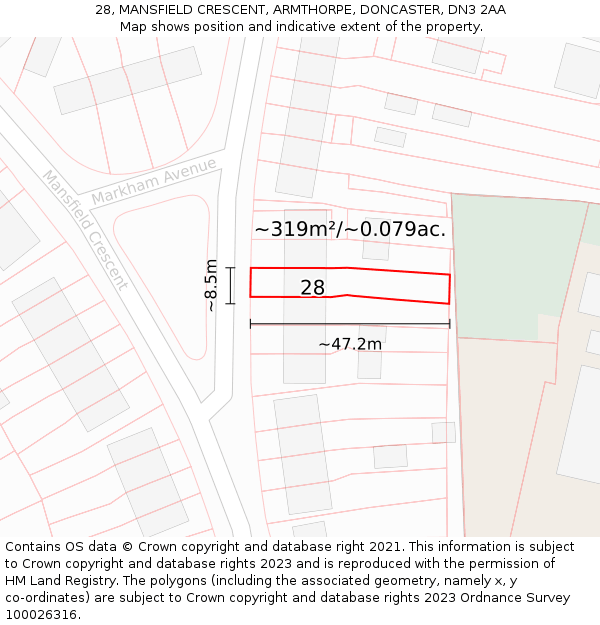 28, MANSFIELD CRESCENT, ARMTHORPE, DONCASTER, DN3 2AA: Plot and title map