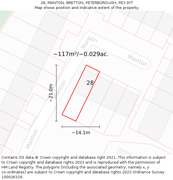 28, MANTON, BRETTON, PETERBOROUGH, PE3 9YT: Plot and title map