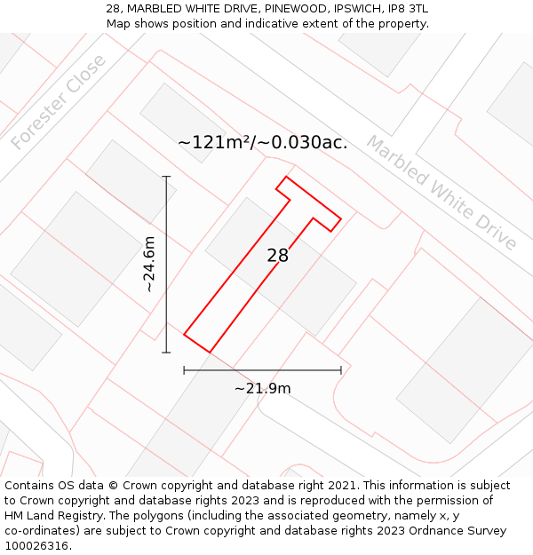 28, MARBLED WHITE DRIVE, PINEWOOD, IPSWICH, IP8 3TL: Plot and title map