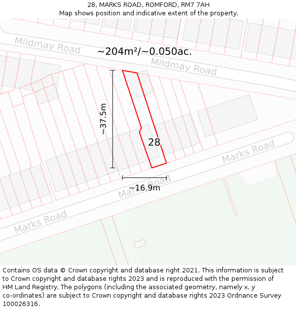 28, MARKS ROAD, ROMFORD, RM7 7AH: Plot and title map