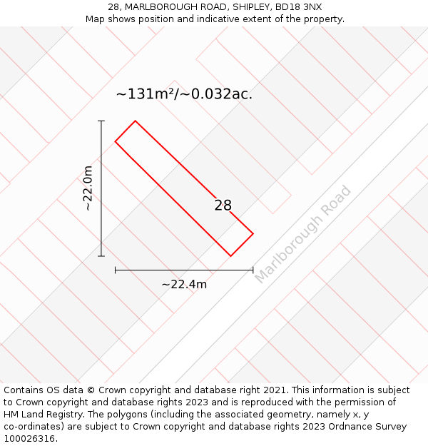 28, MARLBOROUGH ROAD, SHIPLEY, BD18 3NX: Plot and title map