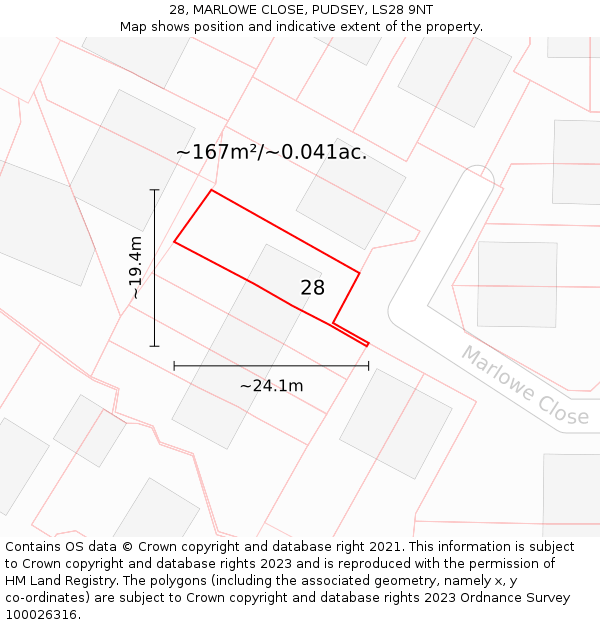 28, MARLOWE CLOSE, PUDSEY, LS28 9NT: Plot and title map