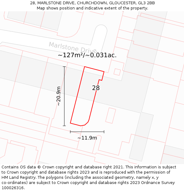 28, MARLSTONE DRIVE, CHURCHDOWN, GLOUCESTER, GL3 2BB: Plot and title map
