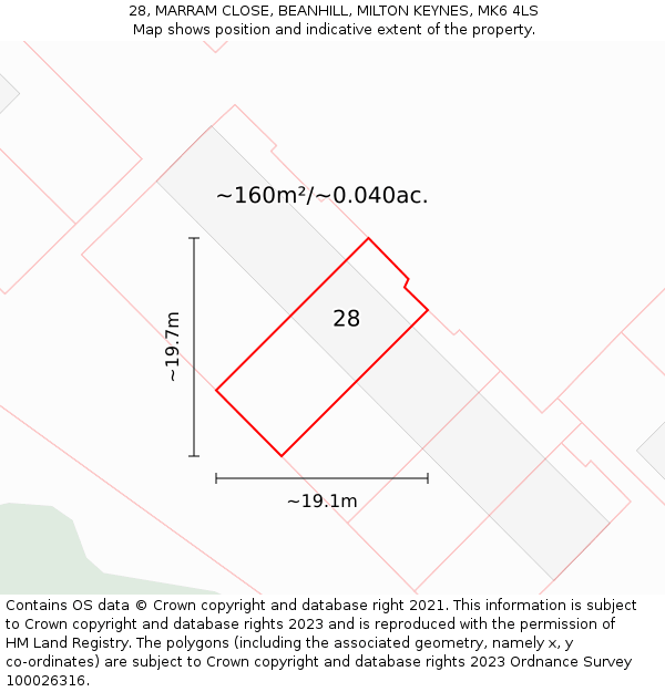 28, MARRAM CLOSE, BEANHILL, MILTON KEYNES, MK6 4LS: Plot and title map
