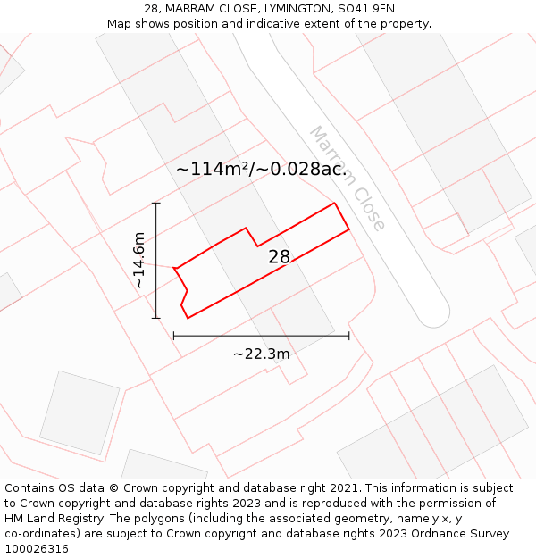 28, MARRAM CLOSE, LYMINGTON, SO41 9FN: Plot and title map