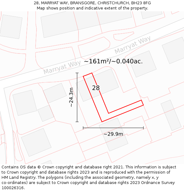 28, MARRYAT WAY, BRANSGORE, CHRISTCHURCH, BH23 8FG: Plot and title map